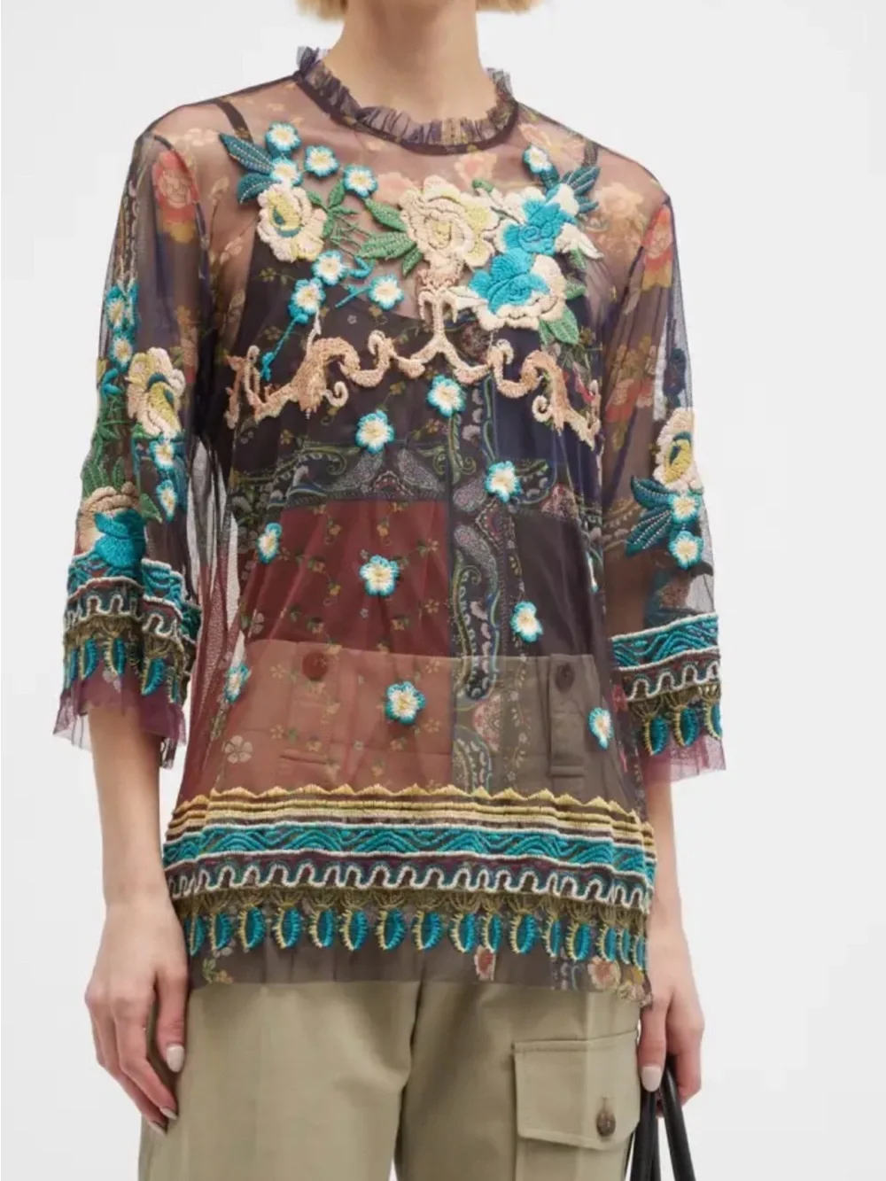 Johnny Was Renley Floral-Embroidered Mesh Blouse